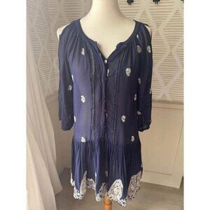 Miss June Sheer Women’s Small Navy Blue & White Embroidered Sheer Mini Dress